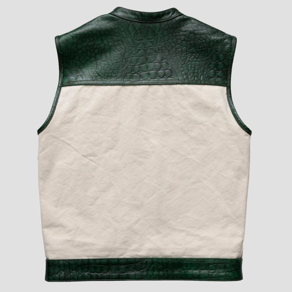 Stylish green crocodile leather vest for men with biker style design.