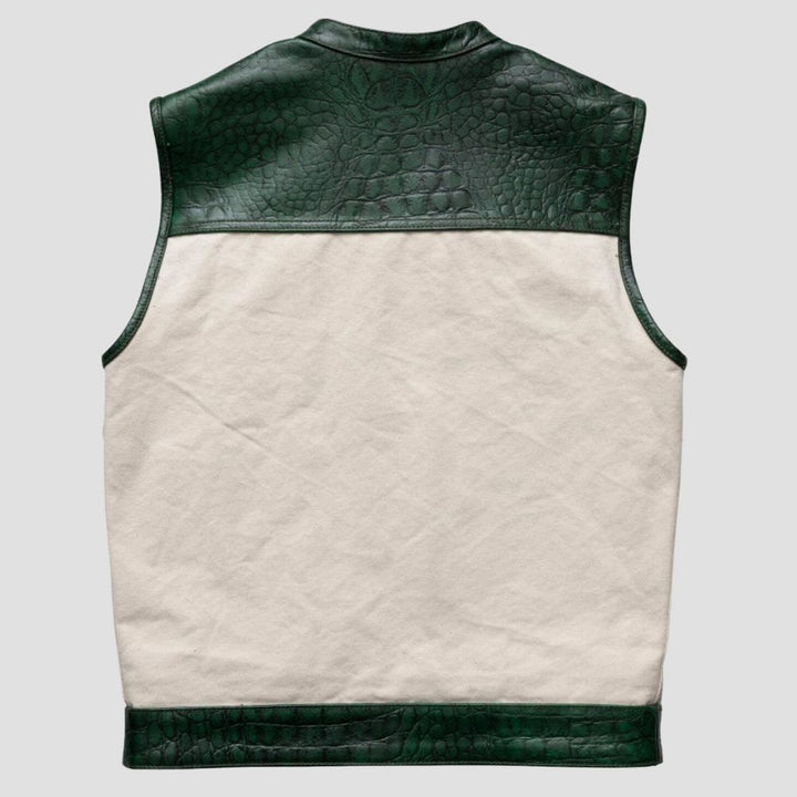 Stylish green crocodile leather vest for men with biker style design.