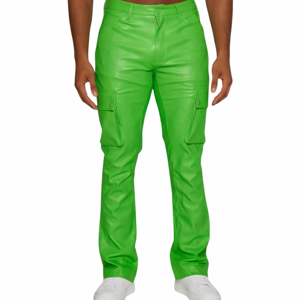 Men’s green leather cargo pants for stylish casual wear