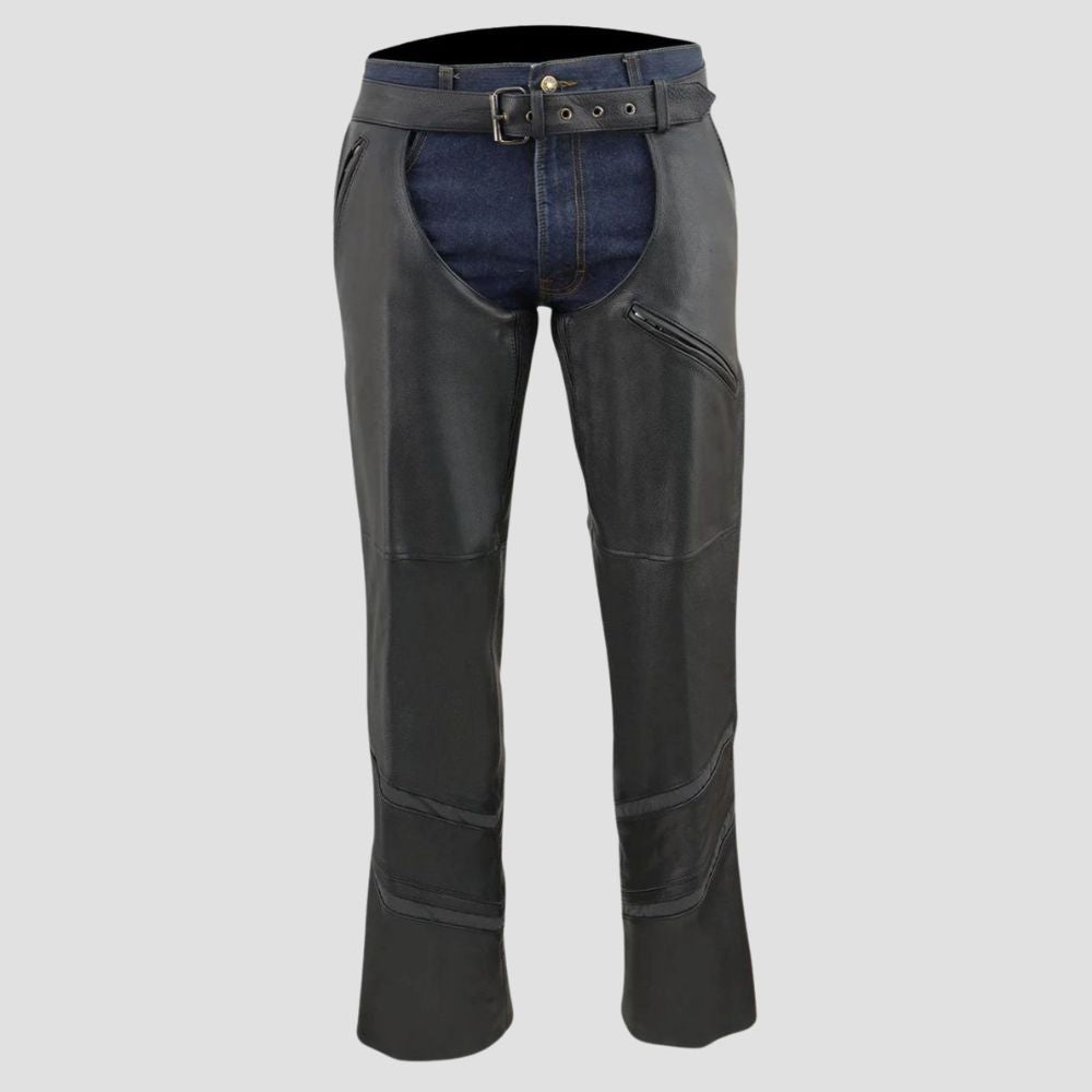 Durable black leather motorcycle chaps for men with adjustable straps