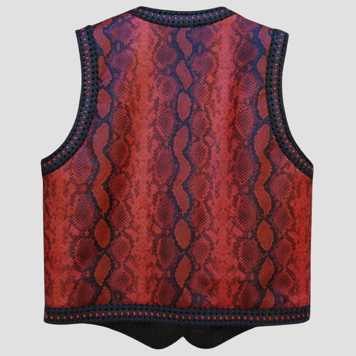 Snake-skin design red leather biker vest made from durable cowhide leather.
