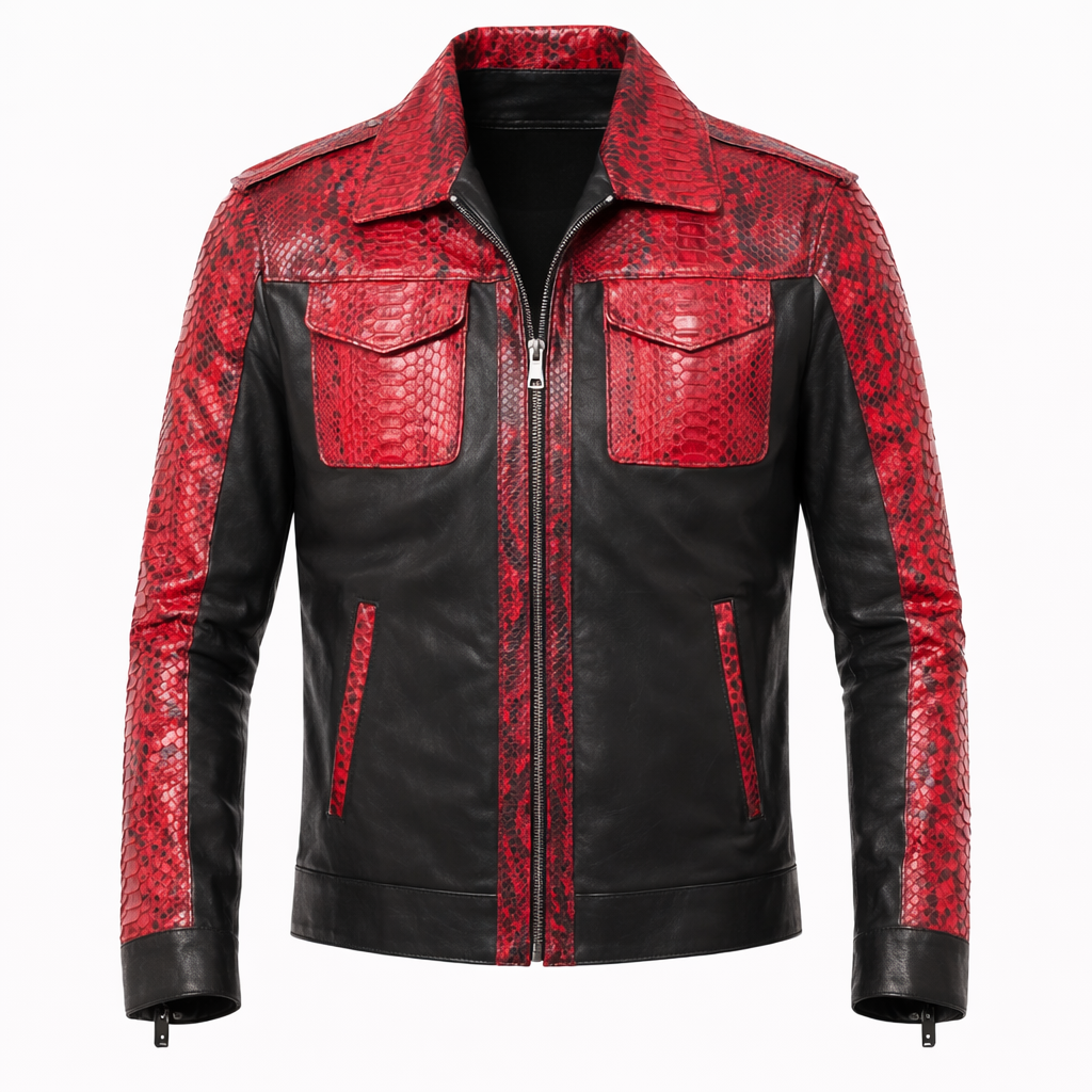 Men’s designer black snakeskin leather jacket with bold textured finish