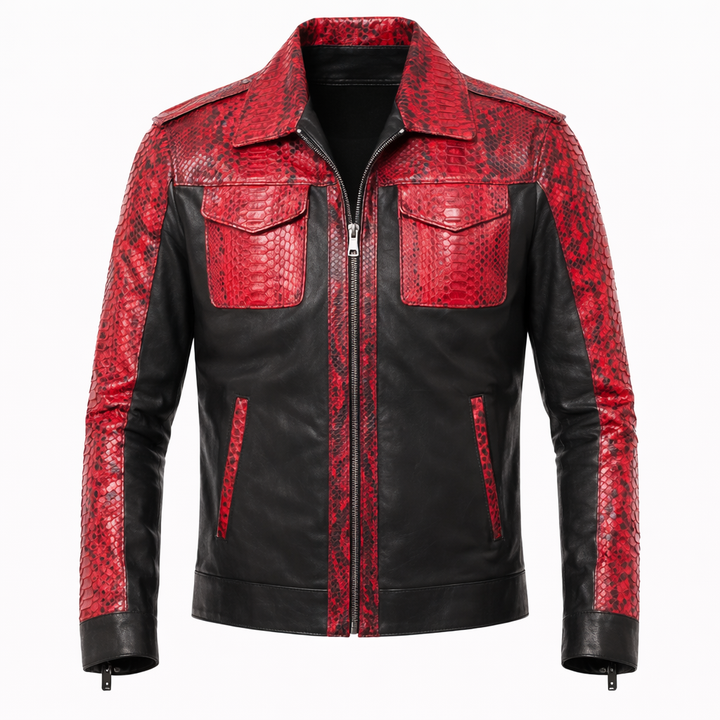 Men’s designer black snakeskin leather jacket with bold textured finish