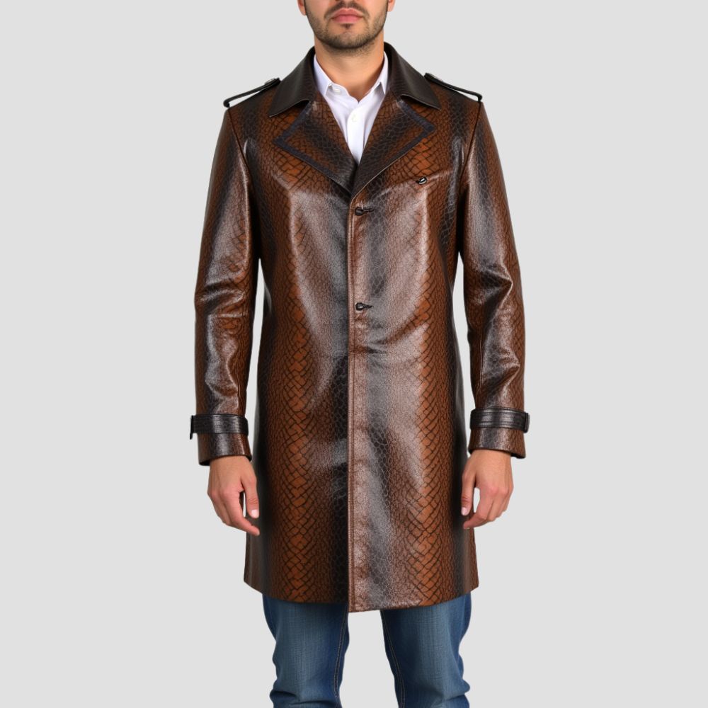 This men’s snakeskin leather trench coat combines exotic appeal and luxurious texture for an unparalleled look.