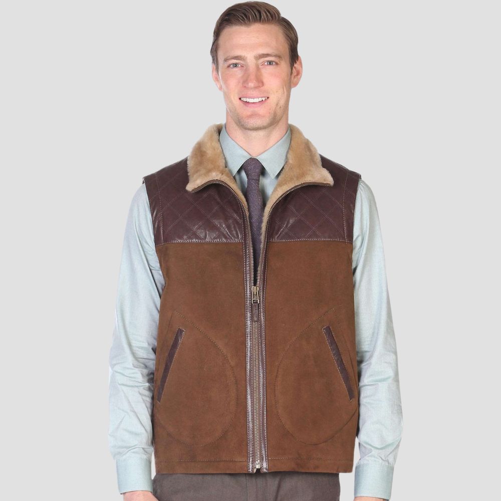 Men’s suede leather vest with soft shearling interior for casual wear.