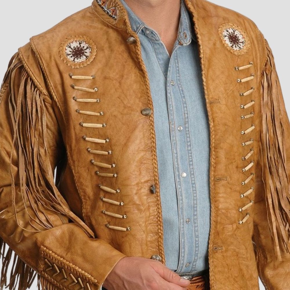 Classic brown sheepskin leather jacket with fringe design for stylish outfits.