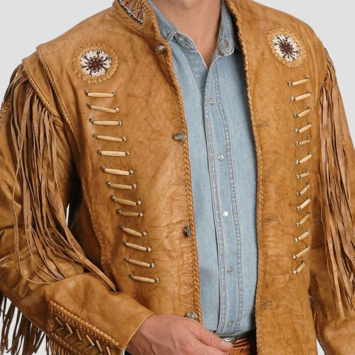 Classic brown sheepskin leather jacket with fringe design for stylish outfits.