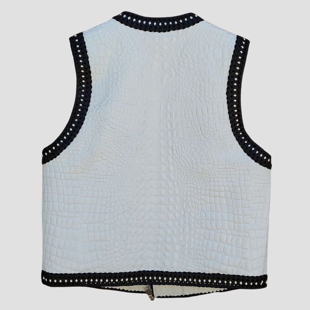 Men’s white crocodile embossed leather vest made from premium cowhide leather.