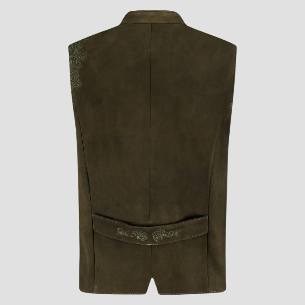 This men’s Bavarian Trachten vest, adorned with detailed embroidery, combines traditional charm with modern style for any cultural event.