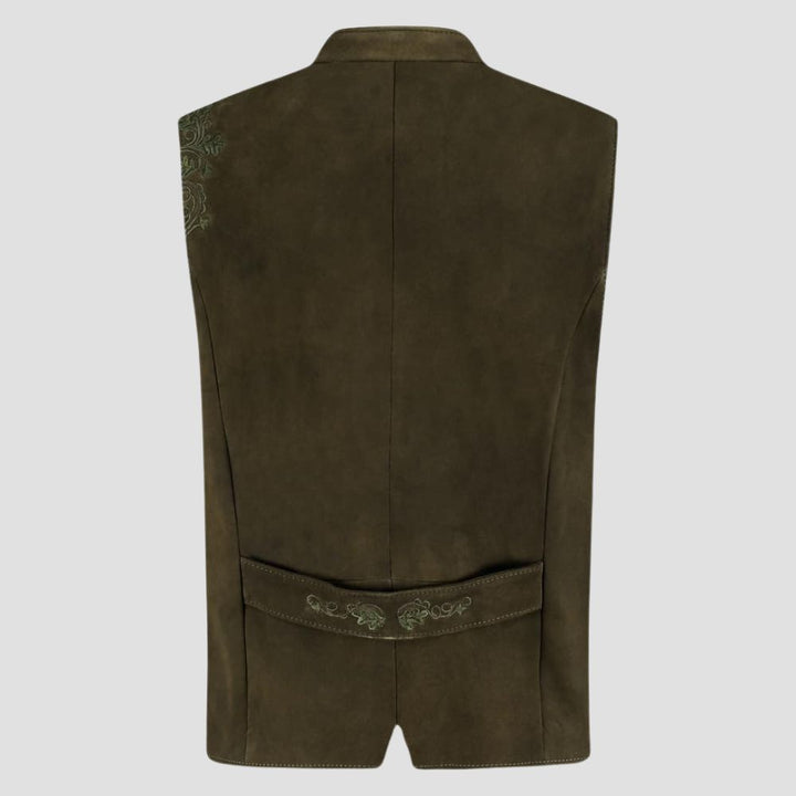 This men’s Bavarian Trachten vest, adorned with detailed embroidery, combines traditional charm with modern style for any cultural event.