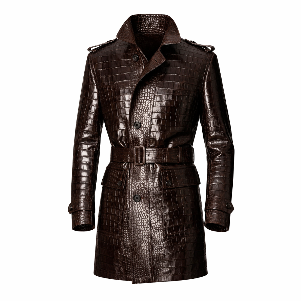 High-quality men’s brown crocodile textured leather coat