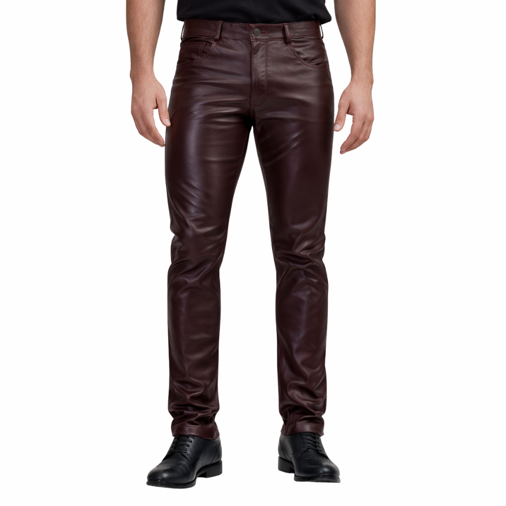 High-quality men’s burgundy leather pants for casual wear