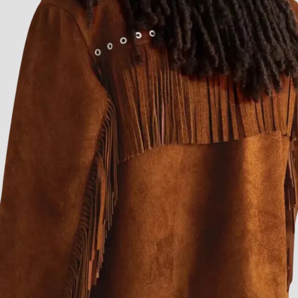 Add flair to your western wardrobe with this men’s suede cowboy jacket, featuring trendy fringe details for a bold, authentic look.