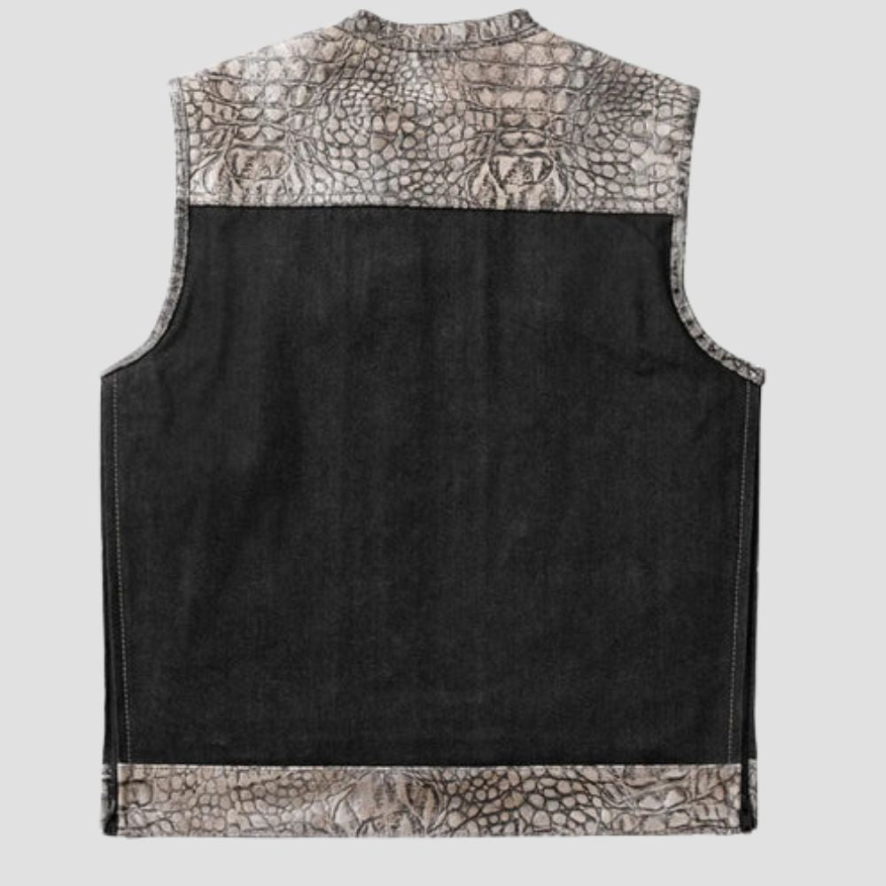 Add some edge to your wardrobe with this crocodile pattern leather biker vest, designed for ultimate toughness and biker chic.