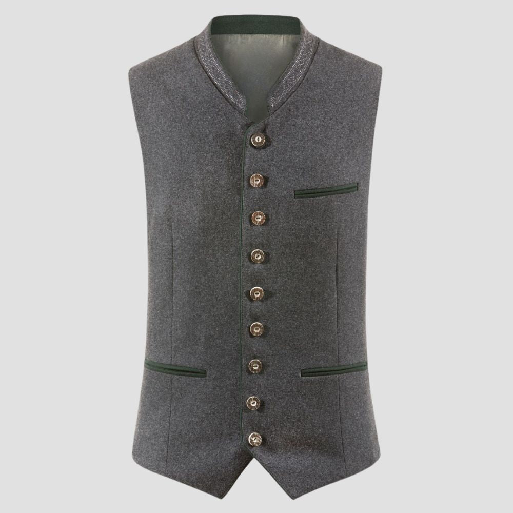 This men’s Trachten vest features a unique embossed collar, offering a sophisticated touch to your Bavarian attire.