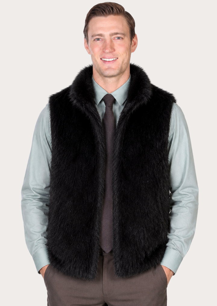 Men’s raven black faux fur vest with open-front sleeveless design.