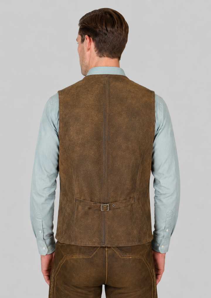 Authentic sheepskin leather Trachten vest showcasing classic German craftsmanship