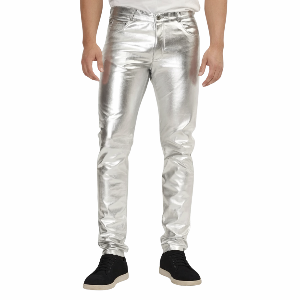 Silver metallic leather pants for men fashion wear