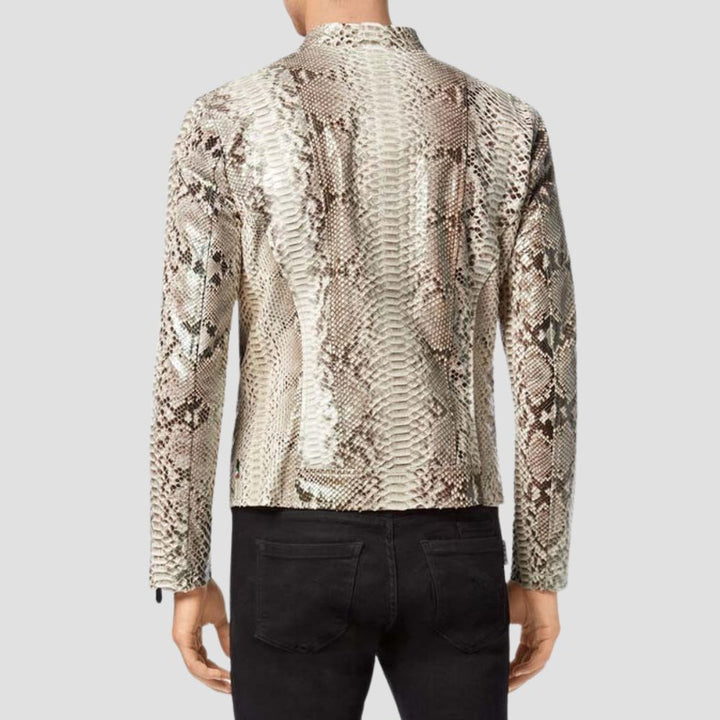 Exude confidence and style with this men’s snakeskin leather jacket, designed for a bold and classic biker look.