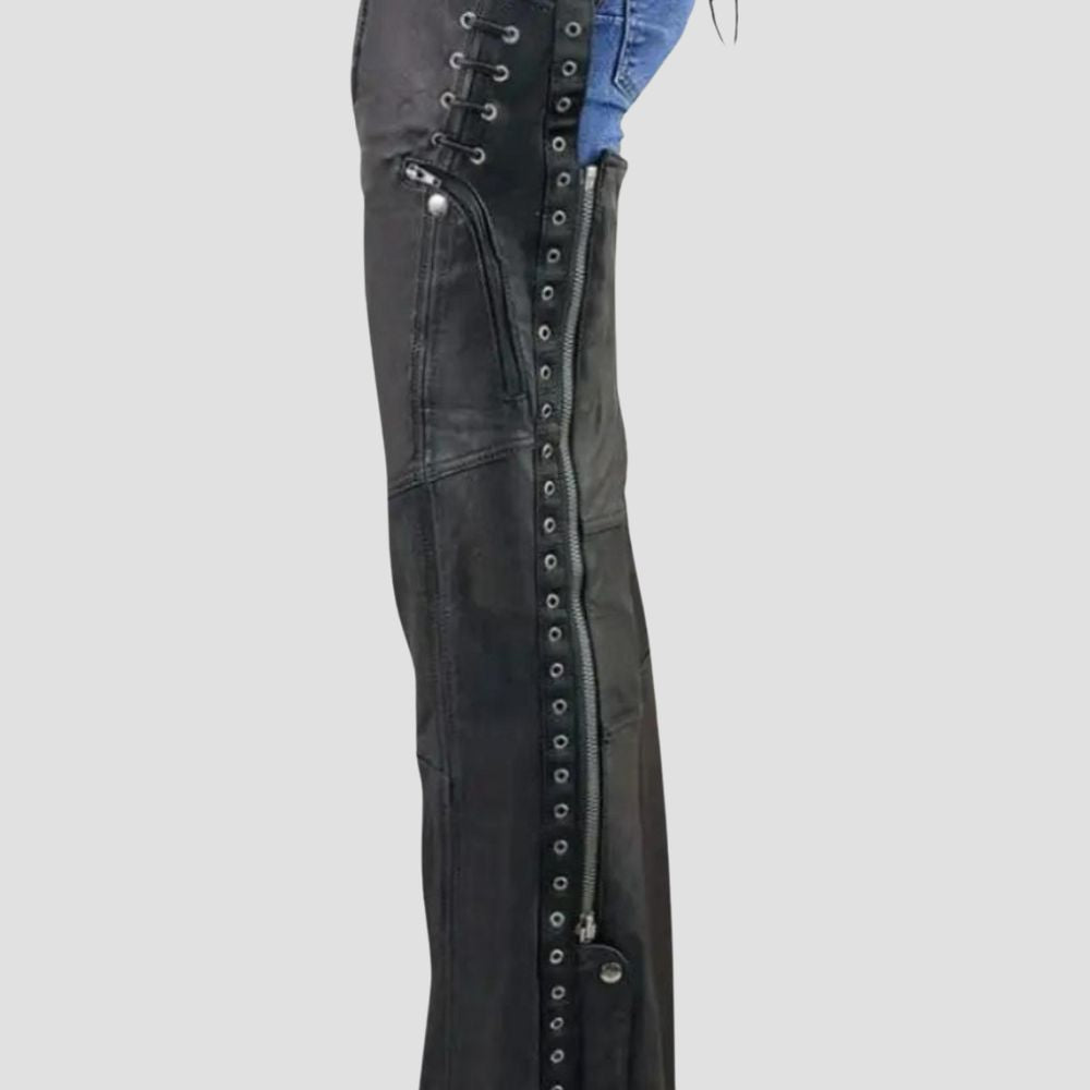 Embrace the biker and western vibe with these leather chaps, designed for both fashion and functionality.