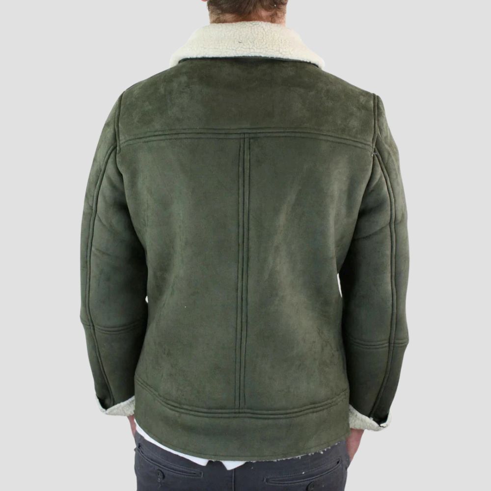 Embrace the chill in style with this white sherpa leather jacket, offering both warmth and fashionable winter appeal.