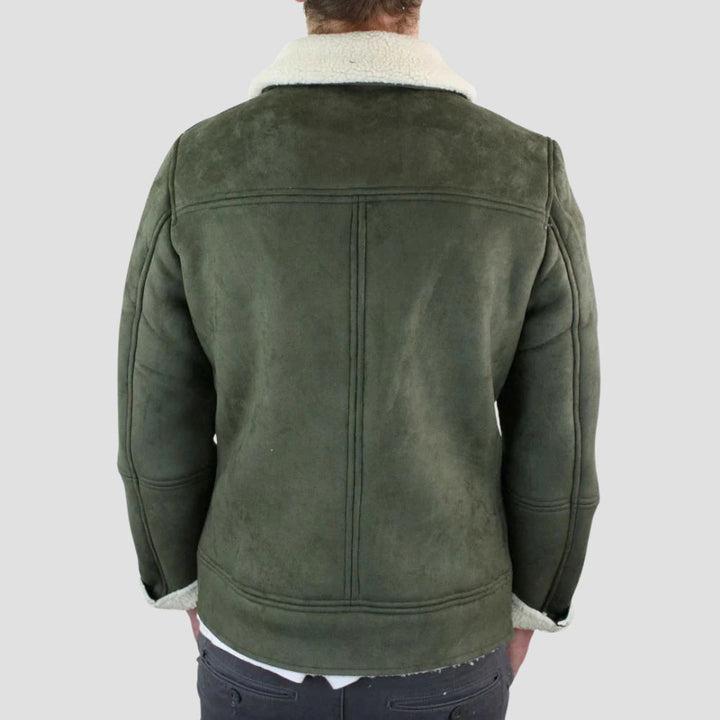 Embrace the chill in style with this white sherpa leather jacket, offering both warmth and fashionable winter appeal.