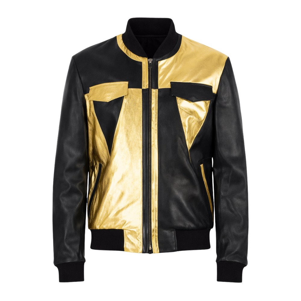 Metallic gold leather bomber jacket for women with glossy finish and ribbed cuffs