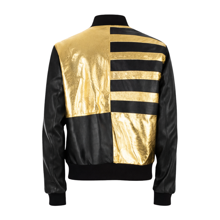 Gold metallic leather bomber jacket with shiny finish