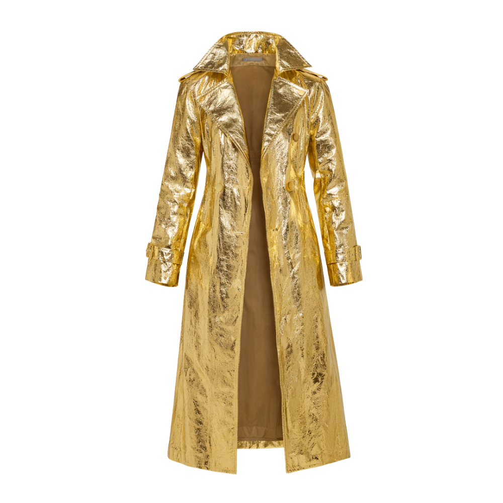 Metallic leather long trench coat with shiny finish