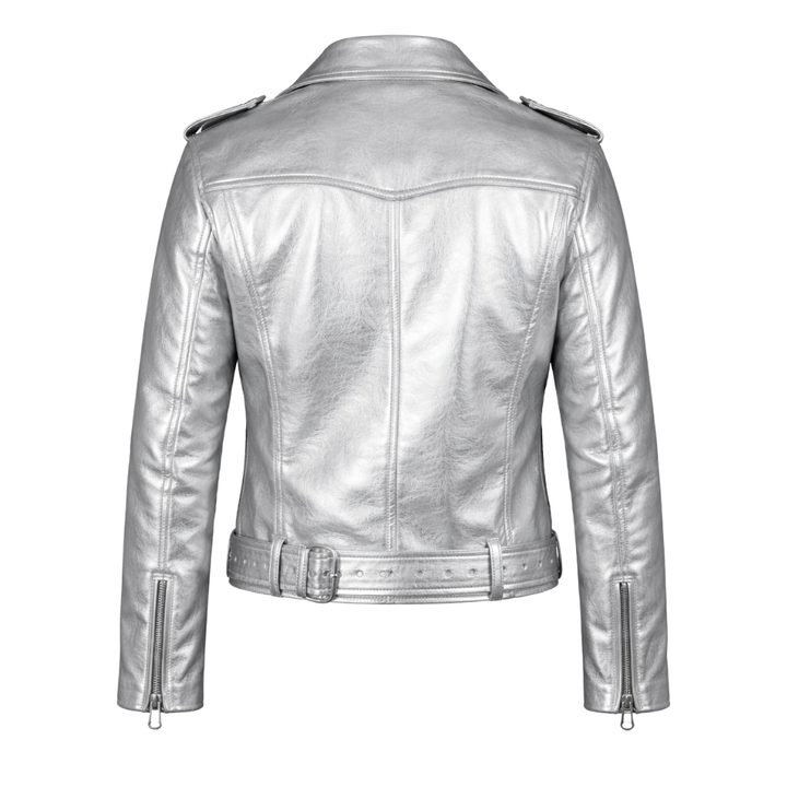 Metallic silver leather biker jacket with glossy finish and moto styling