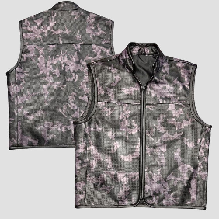 Men’s stylish camouflage biker vest made from durable sheepskin leather.