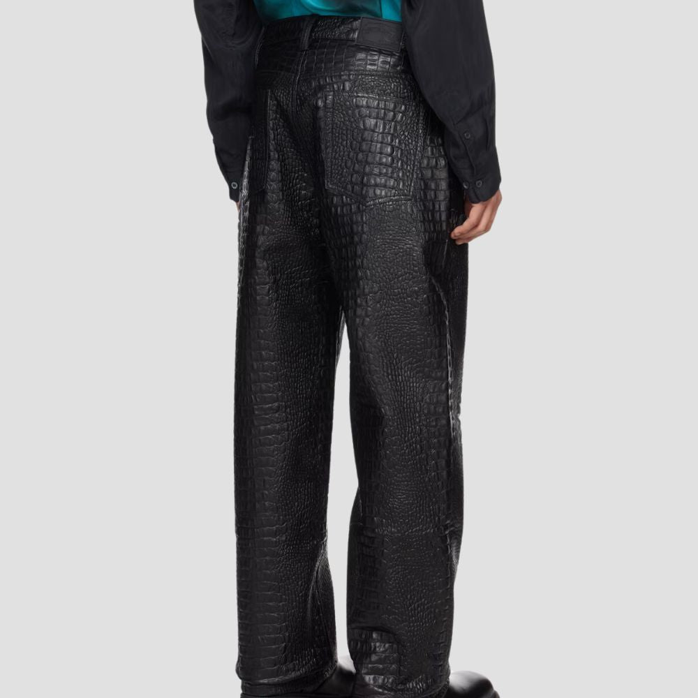 Luxurious black crocodile-embossed leather pants designed for men’s fashion.