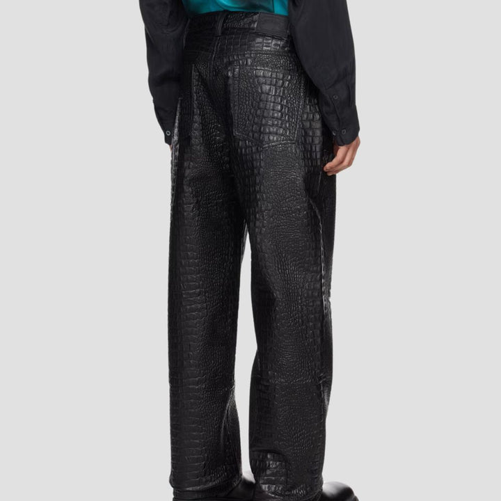 Luxurious black crocodile-embossed leather pants designed for men’s fashion.