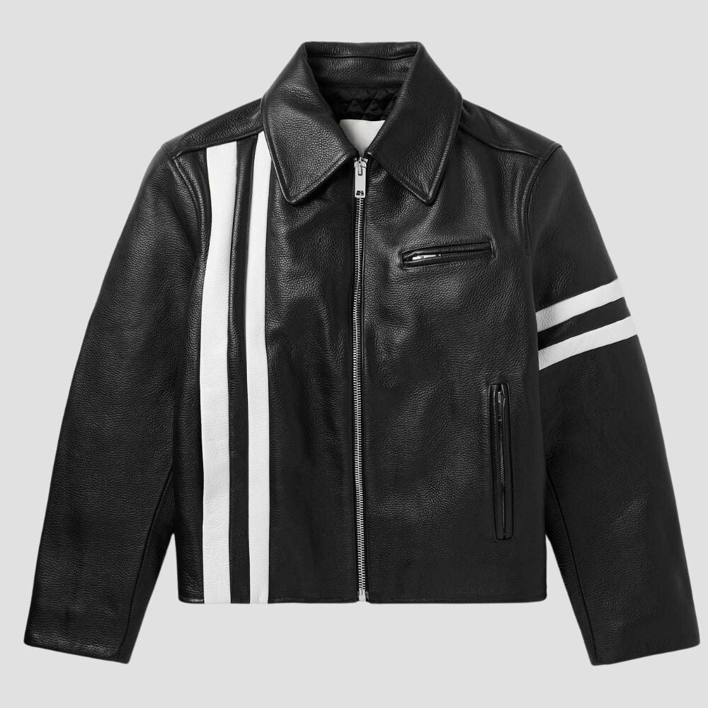 Embrace timeless biker style with this classic men’s leather jacket, perfect for any motorcycle enthusiast.