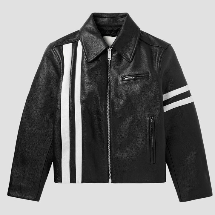 Embrace timeless biker style with this classic men’s leather jacket, perfect for any motorcycle enthusiast.