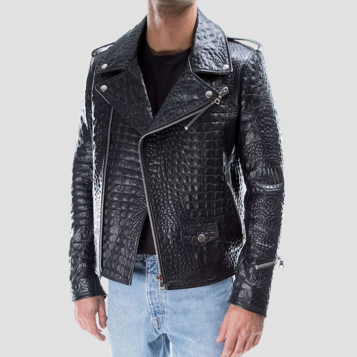 Stylish crocodile embossed biker jacket for motorcycle riders.