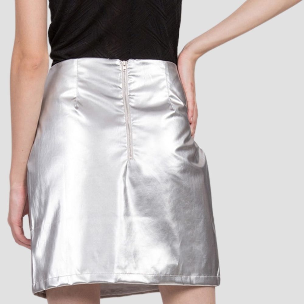 Premium leather metallic skirt for women, with a bold design for contemporary, high-style fashion.