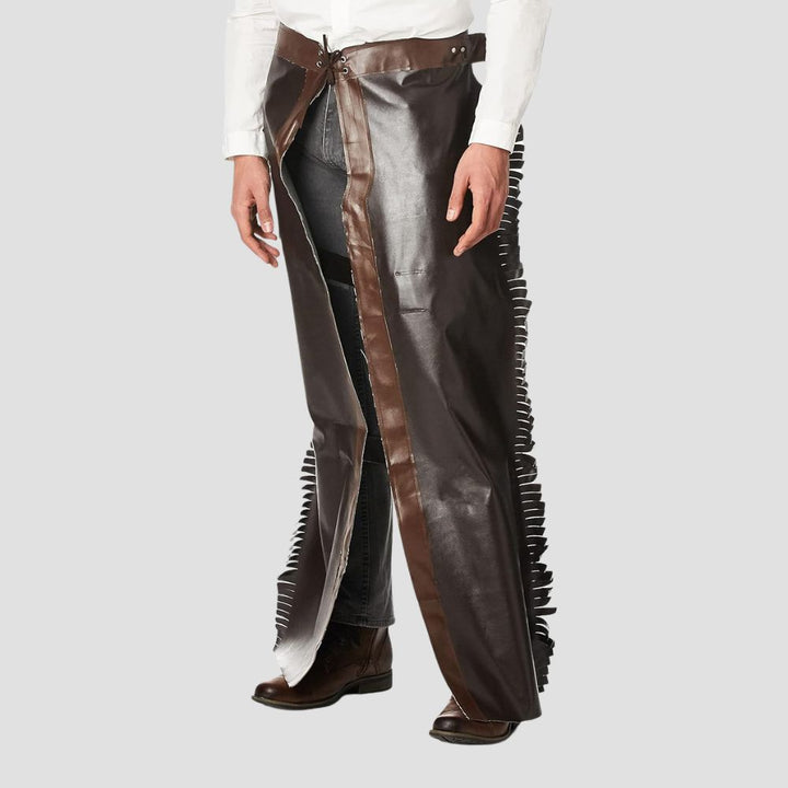 Add a touch of classic western style to your wardrobe with these fringe leather chaps, crafted for rugged cowboys