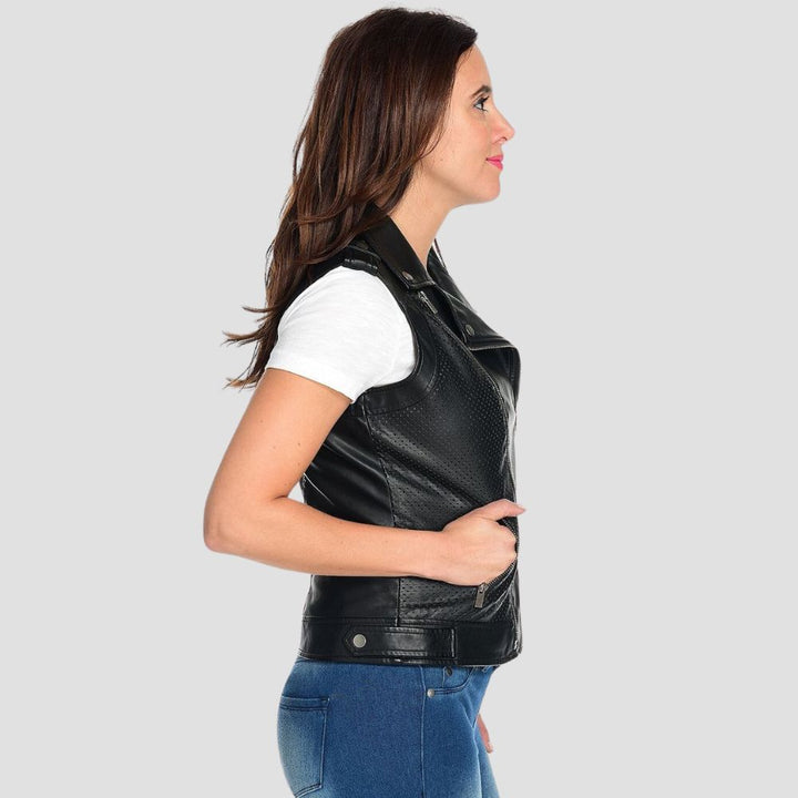 Achieve a striking and chic look with this premium women’s motorcycle leather vest, featuring a sleek design that perfectly complements any biker outfit.