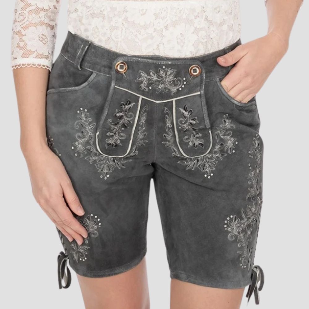  Shop premium women’s lederhosen with embroidered floral designs. Crafted with intricate detailing, they offer a luxurious and traditional Bavarian look.