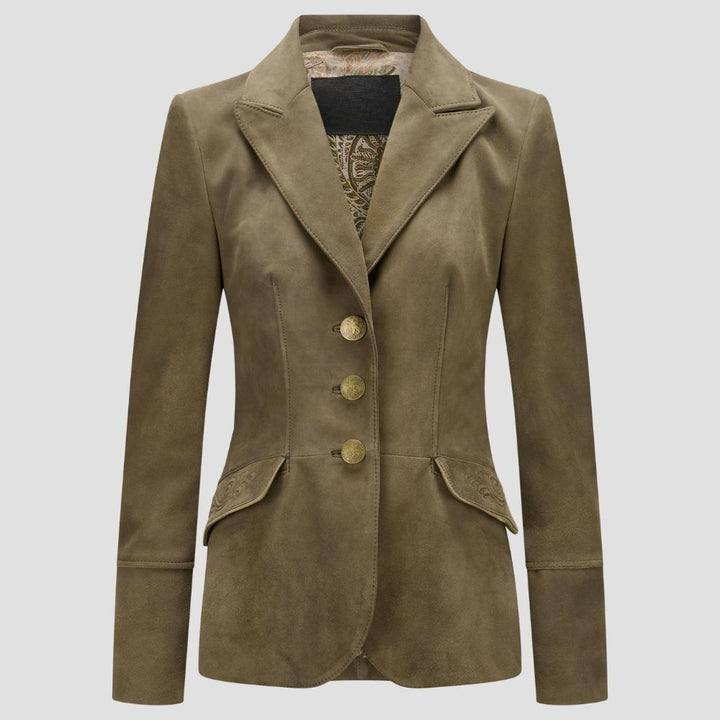 Shop premium women’s suede Trachten coat for Oktoberfest 2025. Luxurious suede material combined with traditional Bavarian design for a standout festival look.