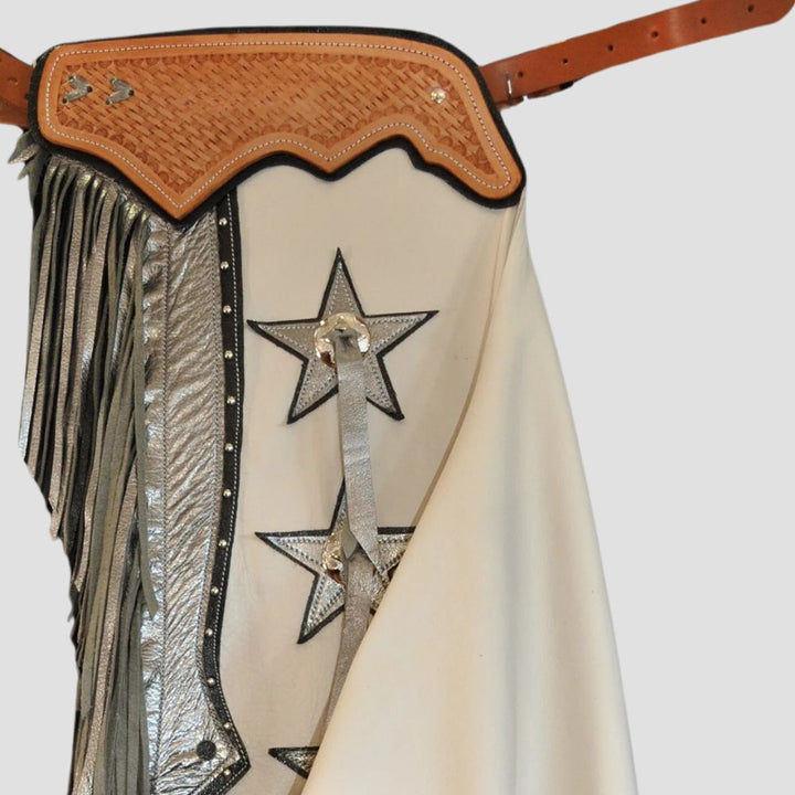 Perfect for the modern cowgirl, these rodeo leather chaps with fringe offer both style and durability.
