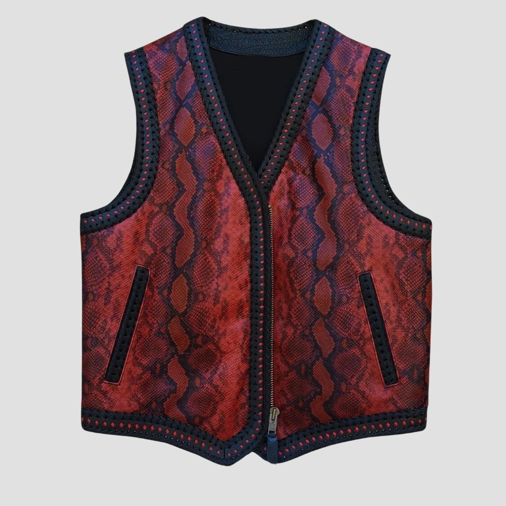 Premium red python embossed leather vest for motorcycle riders.