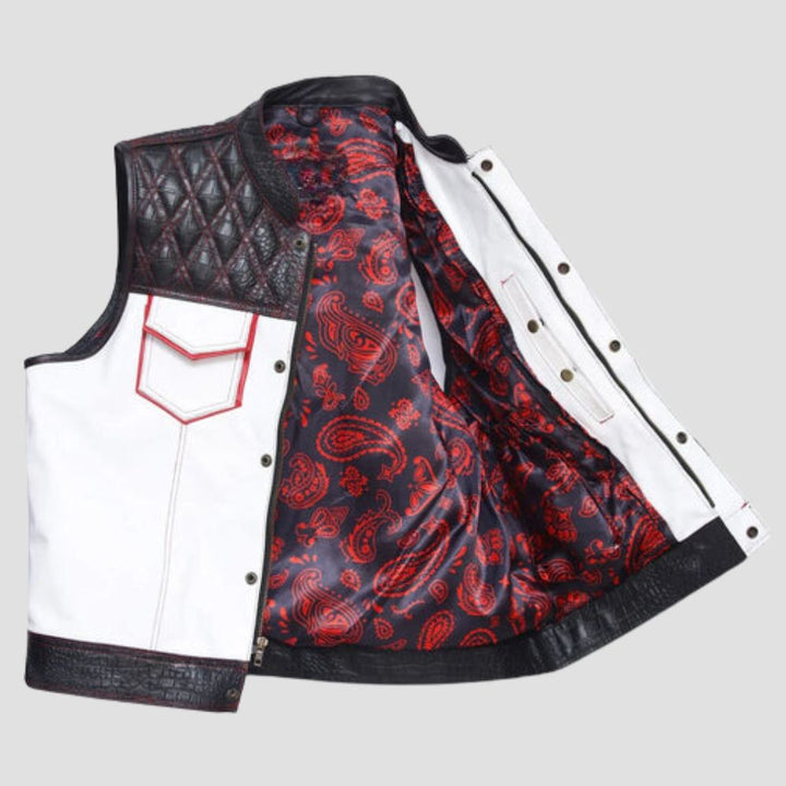 Embrace the modern biker look with this quilted leather motorcycle vest, designed for both style and comfort.