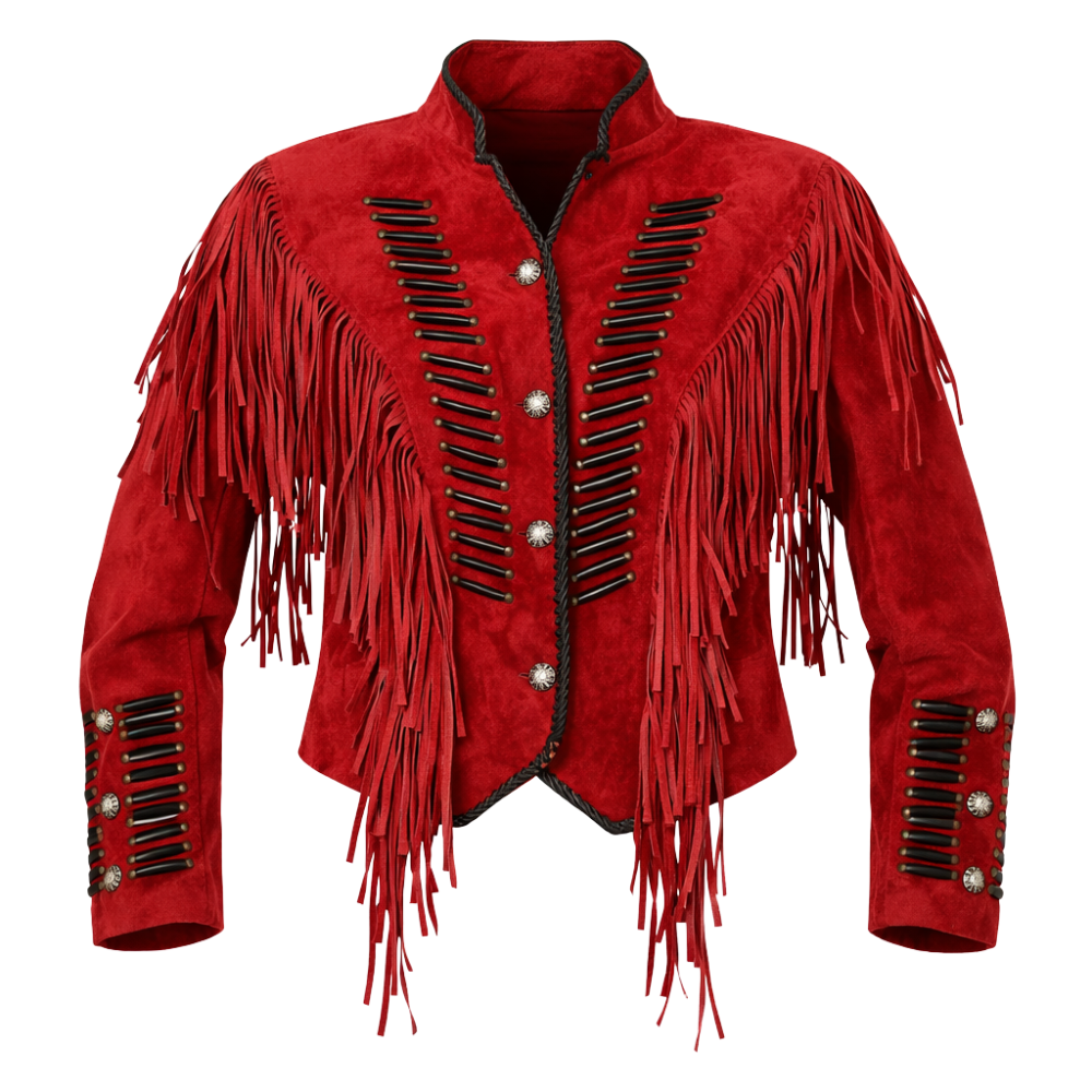 Women's red western fringed suede jacket with cowgirl styling