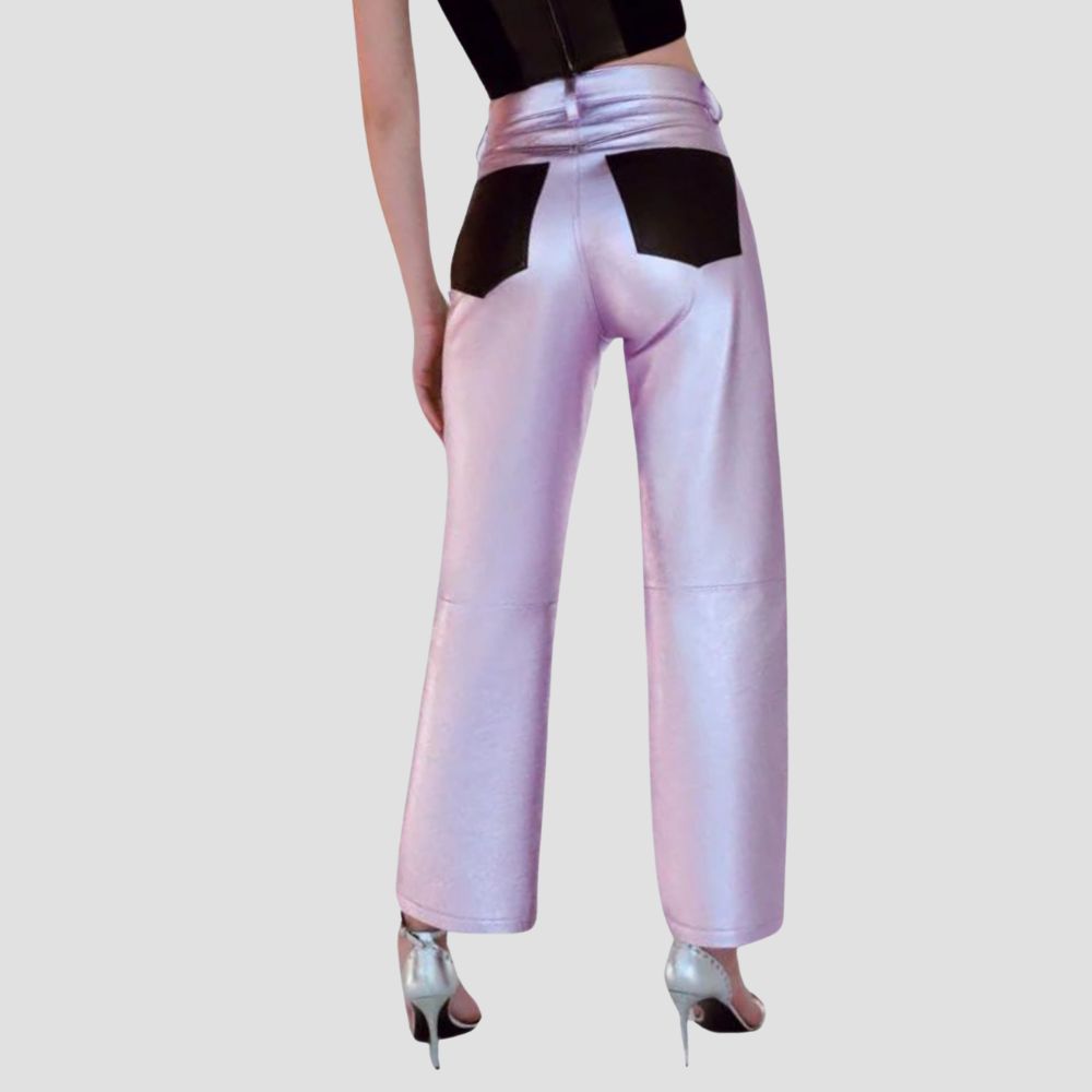 Stay trendy with these women’s metallic leather pants featuring a bold and reflective finish.