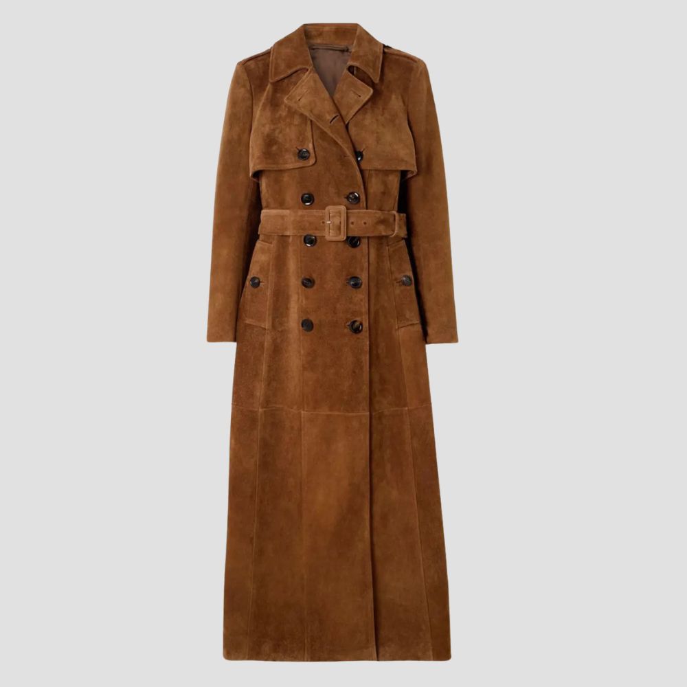 A rugged suede long coat for women, perfect for layering in colder weather, offering elegance and bold fashion that effortlessly complements any winter ensemble.