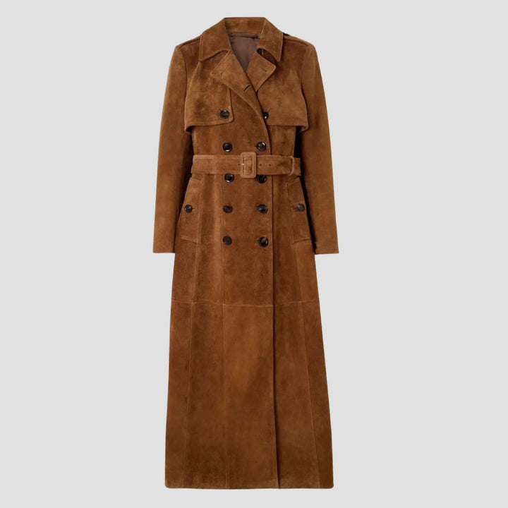 A rugged suede long coat for women, perfect for layering in colder weather, offering elegance and bold fashion that effortlessly complements any winter ensemble.