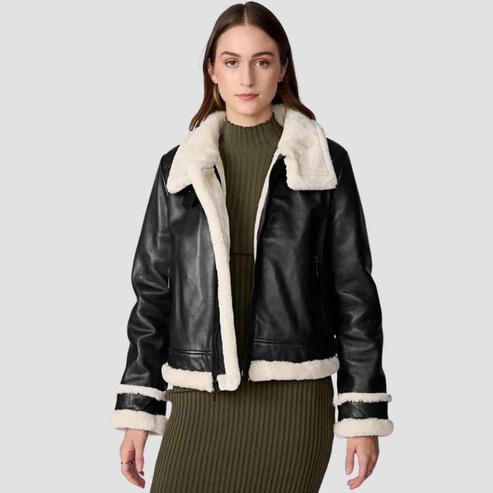  Shop a women’s shearling leather jacket for winter-ready streetwear. The soft shearling lining and sleek leather offer warmth and style for the cold season.