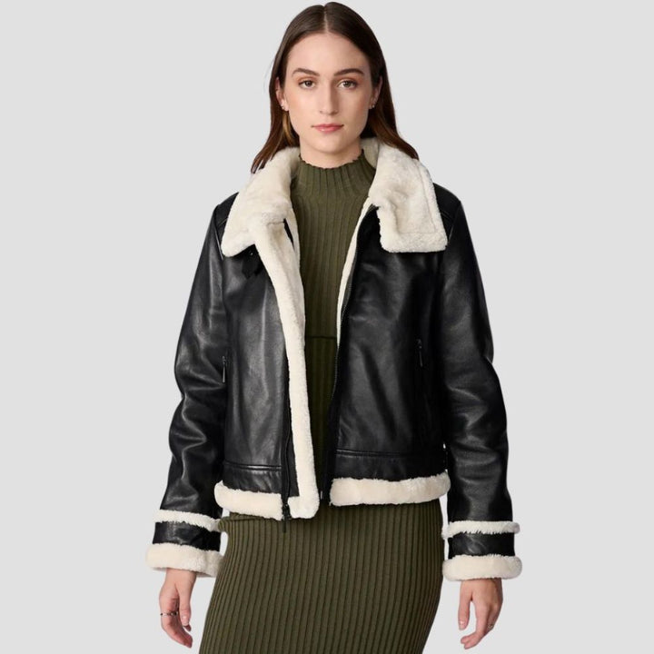  Shop a women’s shearling leather jacket for winter-ready streetwear. The soft shearling lining and sleek leather offer warmth and style for the cold season.